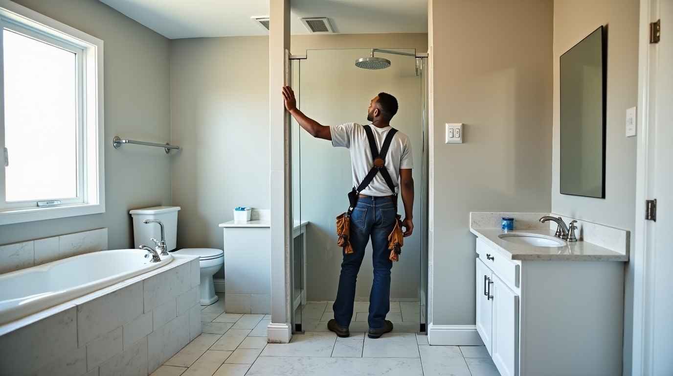 Sioux Falls bathroom remodel experts performing plumbing repairs and renovation, transforming an outdated design into a modern bathroom with new fixtures, lighting, and vanities.