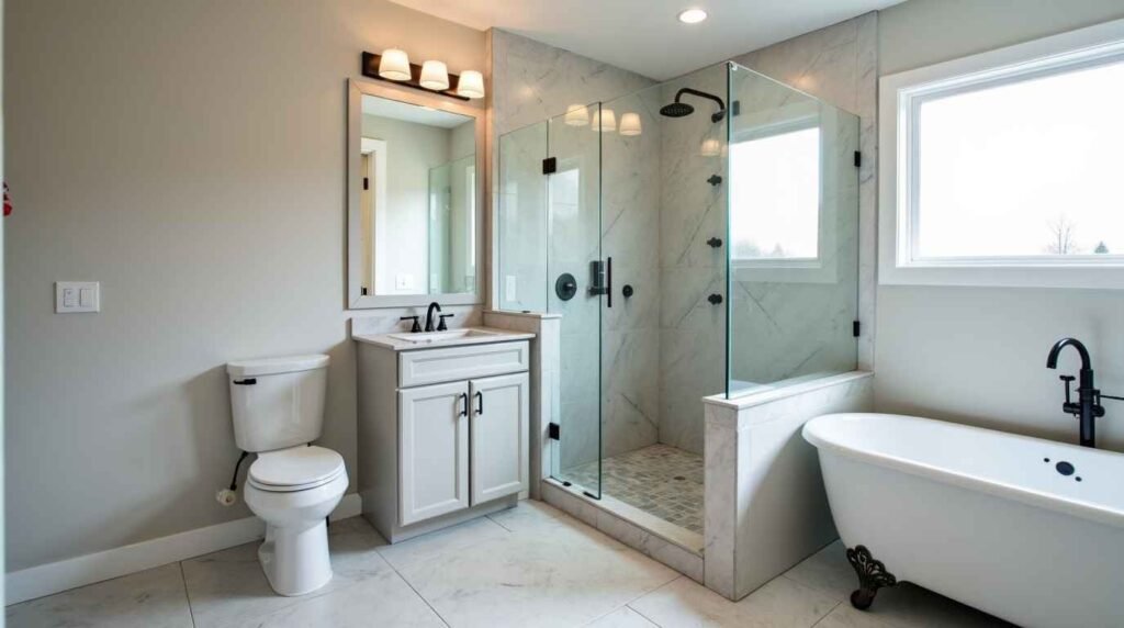 Sioux Falls bathroom remodel experts performing plumbing repairs and renovation, transforming an outdated design into a modern bathroom with new fixtures, lighting, and vanities.