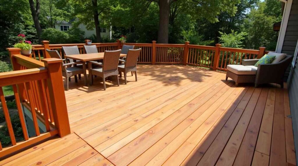A spacious, well-maintained wooden deck with orange-toned railings, furnished with an outdoor dining table and lounge chair, suitable for showcasing the results of deck repair Sioux Falls and quality deck board replacement Sioux Falls.