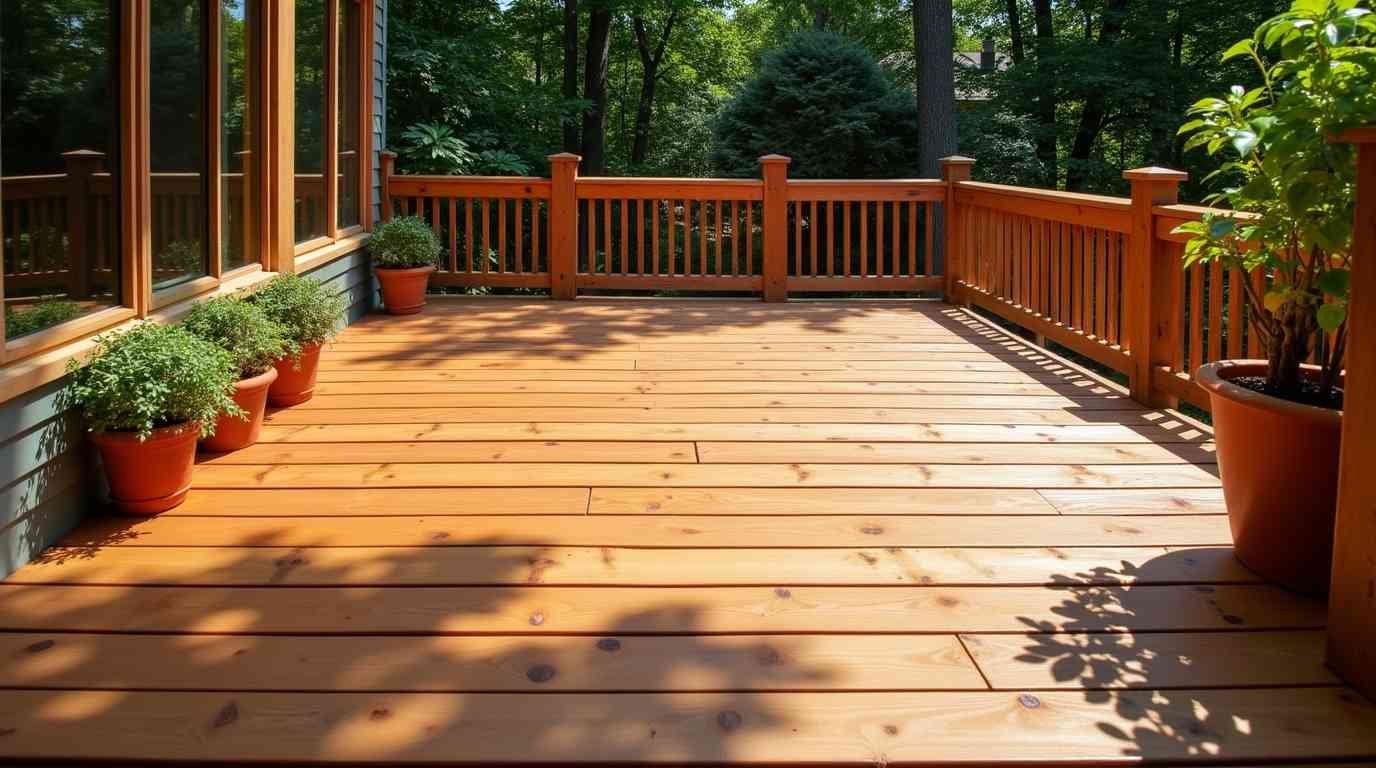 A newly stained or light-wood deck connected to a house, featuring wooden railings and planters. This highlights the result of deck staining Sioux Falls and deck installation.