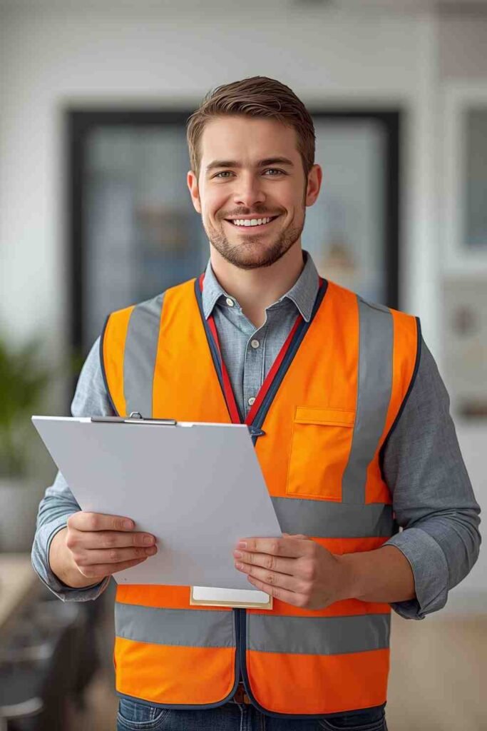 Professional handyman in Sioux Falls wearing a safety vest and holding a service checklist.