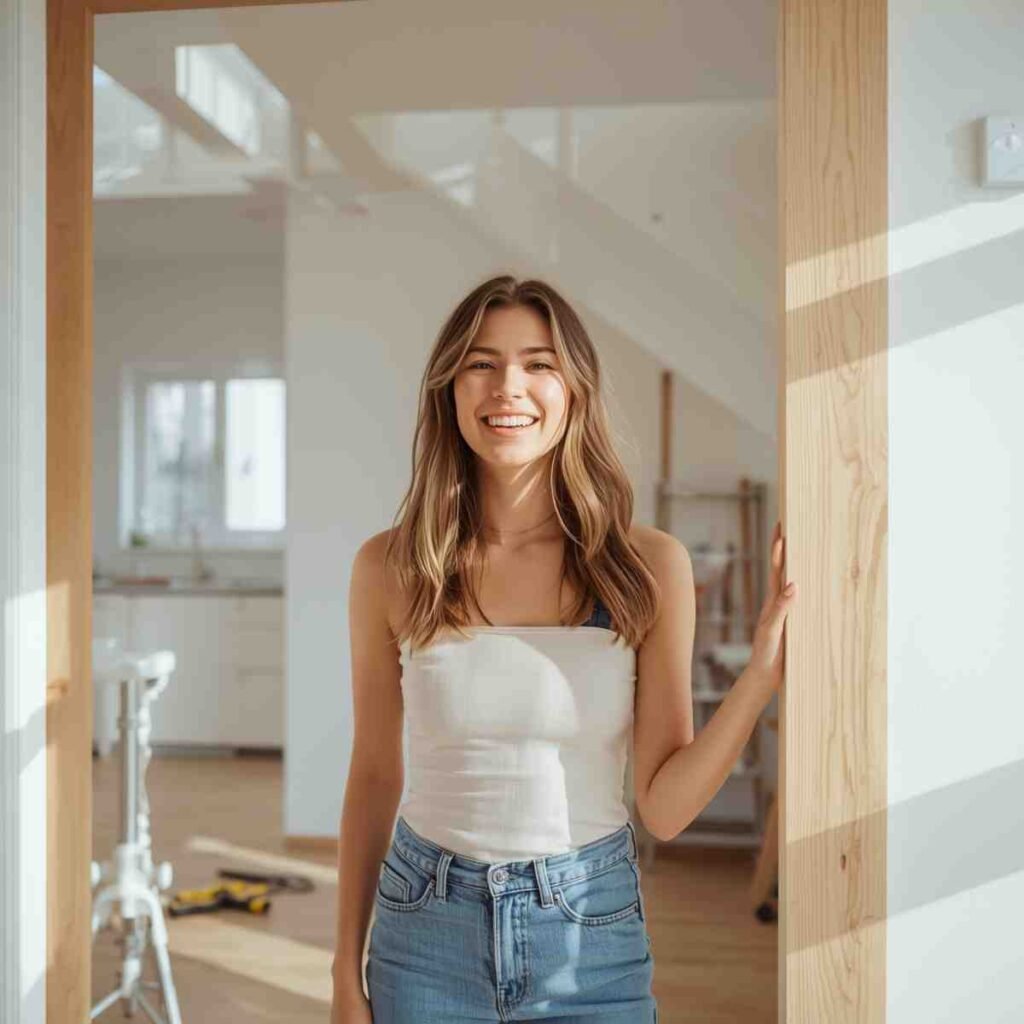 Happy homeowner in a newly renovated home interior, showcasing quality home remodeling work by Matthew Handyman.