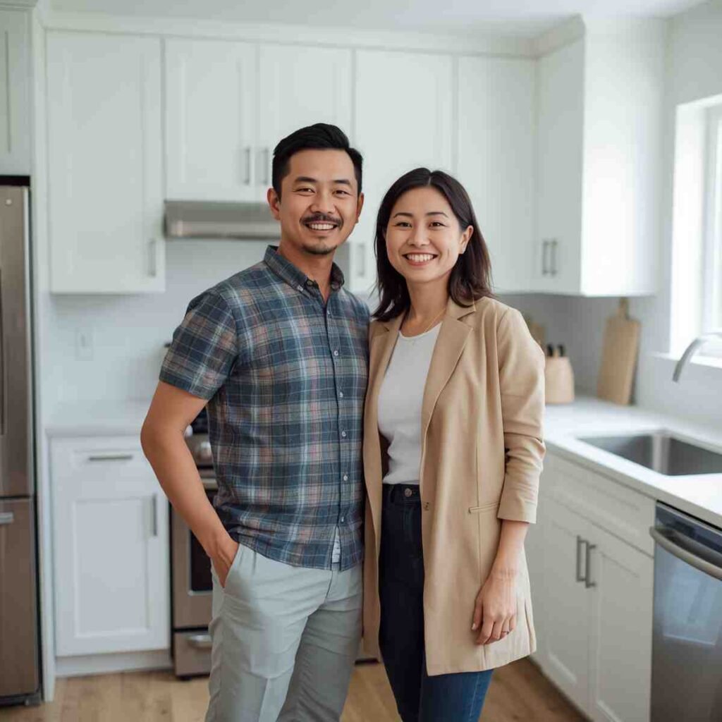 Happy homeowners standing in their newly remodeled kitchen in Sioux Falls, featuring white cabinets and stainless steel appliances.