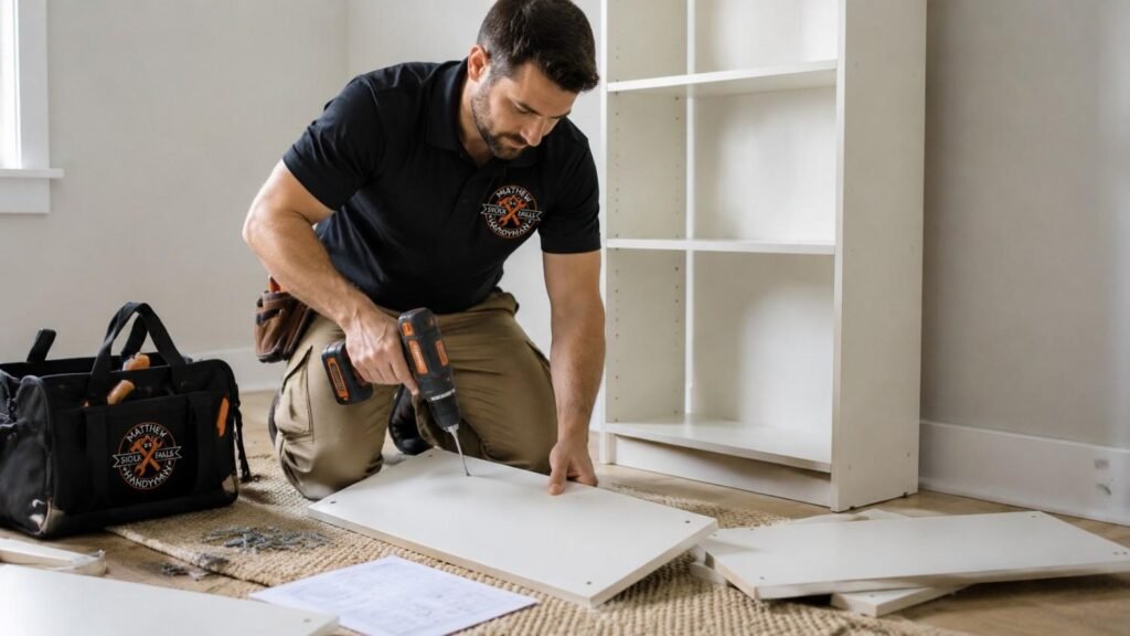 Matthew Handyman team member assembling a white wooden bookcase or shelf on a living room floor in Sioux Falls using a power drill.