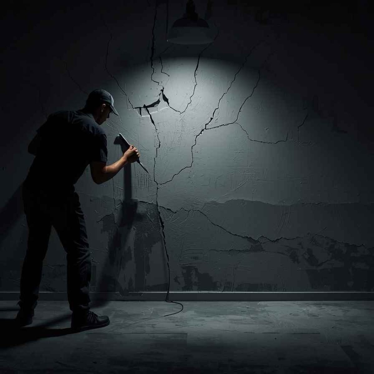 Drywall Repair Sioux Falls A professional handyman repairing drywall on a dark wall in Sioux Falls.